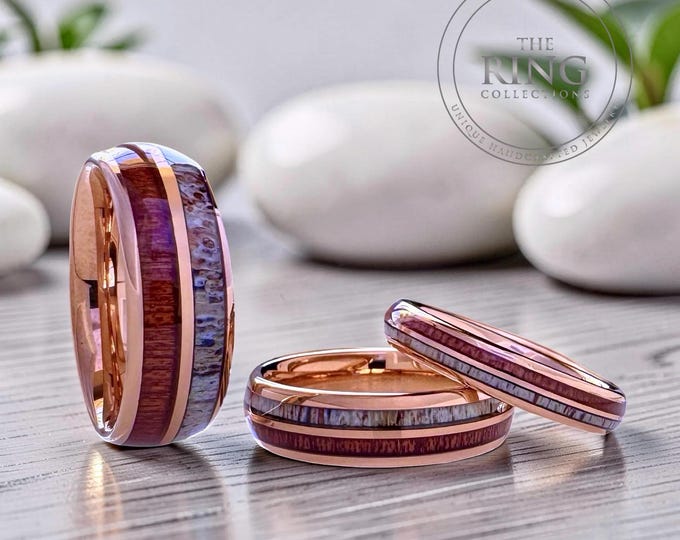 Rose Gold Tungsten Ring Wedding Band with Deer Antler and Koa Wood for Men and Women. Half Sizes available 4 to 15 in 4mm 6mm 8mm.