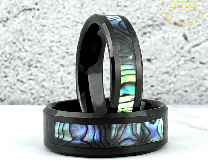 Black Tungsten Carbide Ring Wedding Band with Natural Abalone Shell Inlay for Men Women, Sizes 5 to 15, Half Sizes Available