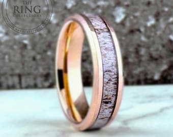 Rose Gold Tungsten Wedding Band Ring with Deer Antler Inlay for Men Women, 6MM, 8MM, Deer Antler Tungsten Ring Band, Rose Gold, Deer Antler