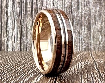 Rose Gold Tungsten Wedding Band Ring with Guitar String and Double Wood Inlay for Men Women, 6mm 8mm, Sizes 4 to 15, Half Sizes Available