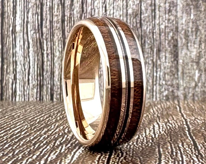 Rose Gold Tungsten Wedding Band Ring with Guitar String and Double Wood Inlay for Men Women, 6mm 8mm, Sizes 4 to 15, Half Sizes Available