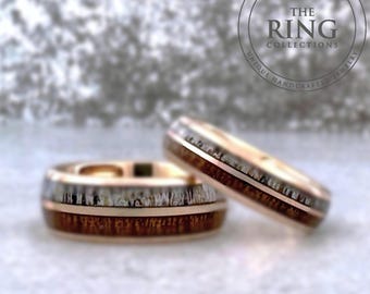 Rose Gold Tungsten Ring Wedding Band with Deer Antler and Koa Wood for Men and Women. Half Sizes available 4 to 15 in 6mm and 8mm.