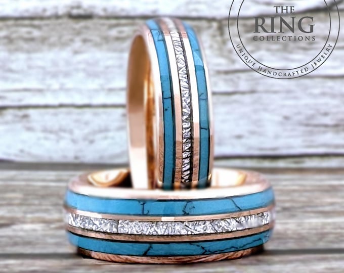 Rose Gold Turquoise and Meteorite Tungsten Ring Wedding Band for Men Woman. 8mm and/or 6mm in Sizes 5 to 15, half sizes available