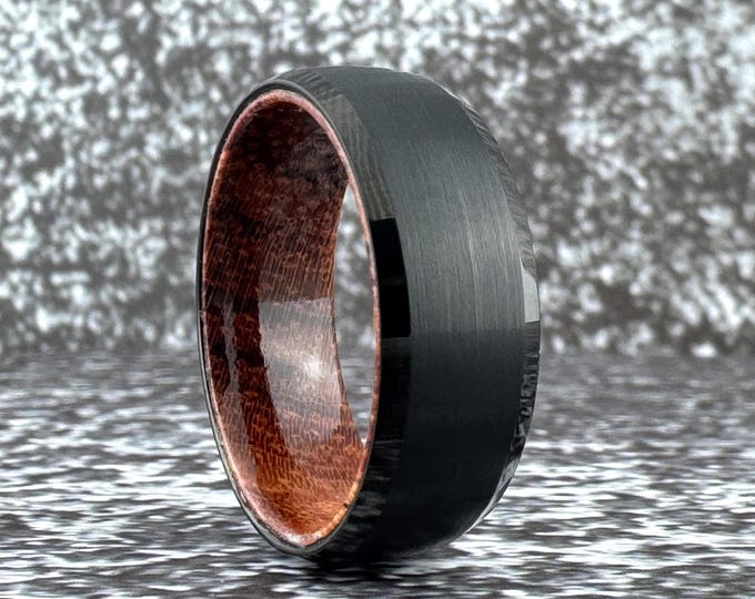 Black Tungsten and Wood Inside Ring Band for Men or Women, Black Brushed Tungsten and Rosewood Wedding Band for Him or Her, Christmas Gift