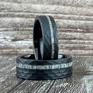 Black Ring Wedding Band for Men Women, Deer Antler Ring, Black Wedding Ring with Deer Antler, Black Hammered Ring for Men, Deer Antler Band