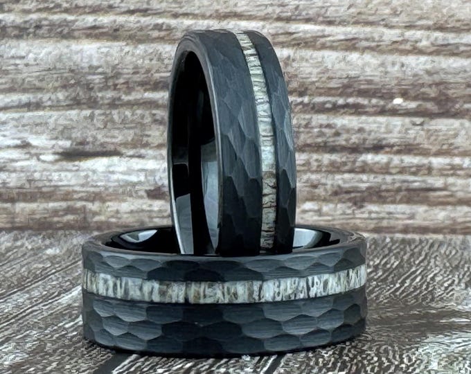Black Ring Wedding Band for Men Women, Deer Antler Ring, Black Wedding Ring with Deer Antler, Black Hammered Ring for Men, Deer Antler Band