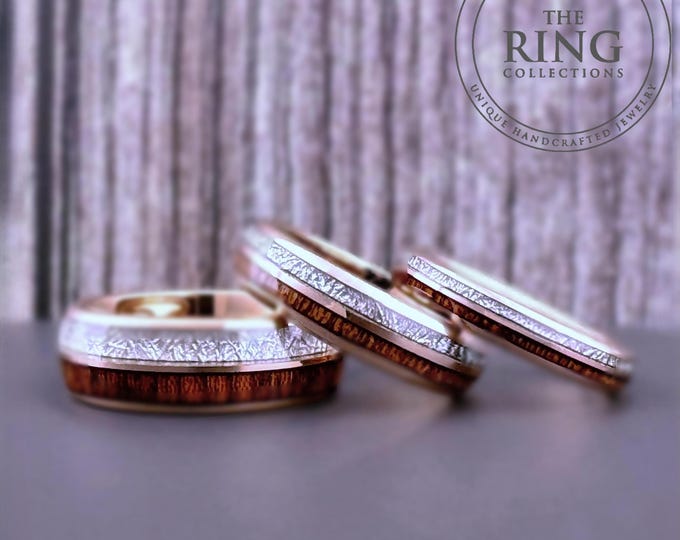 Rose Gold Wood and Meteorite Inlay Wedding Band for Men Women, Rose Gold and Wood Tungsten Ring, 4MM 6MM 8MM, Wood Ring, Meteorite Inlay