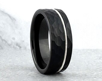 8mm Black Hammered Tungsten Ring Wedding Band with Guitar String Inlay for Men Women. Sizes 5 to 15 (half sizes available).