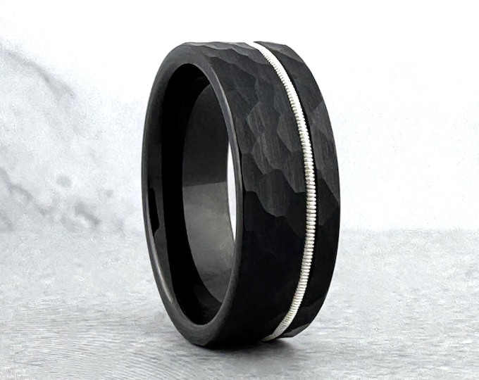 8mm Black Hammered Tungsten Ring Wedding Band with Guitar String Inlay for Men Women. Sizes 5 to 15 (half sizes available).