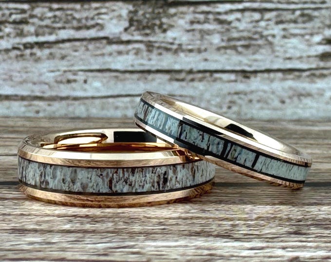 Rose Gold Tungsten Wedding Band Ring with Deer Antler Inlay for Men Women, 6MM, 8MM, Deer Antler Tungsten Ring Band, Rose Gold, Deer Antler