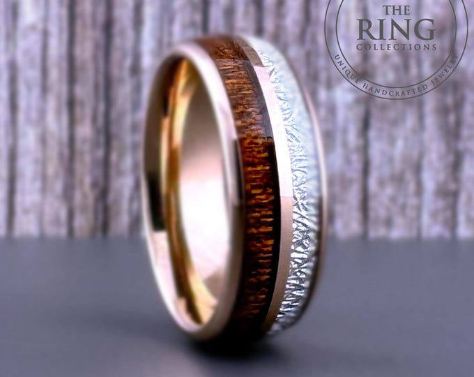 Rose Gold Tungsten Wedding Band: Koa Wood & Meteorite Inlay