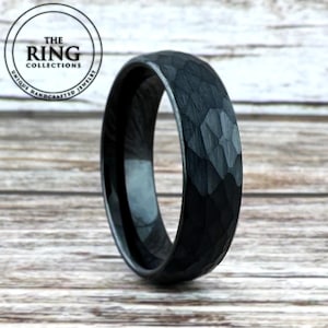 槌目加工のブラックタングステンリング、打ち出し加工のメンズ、レディース、結婚指輪、レディースリングセット、8mm、6mm、4mm、ブラックファセットリング、サイズ4～15、記念日ギフト