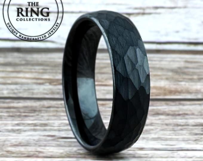 Hammered Black Tungsten Ring Beaten Men Women Wedding Band Women Ring Set 8MM 6MM 4MM Black Faceted Ring Size 4 to 15 Anniversary Gift