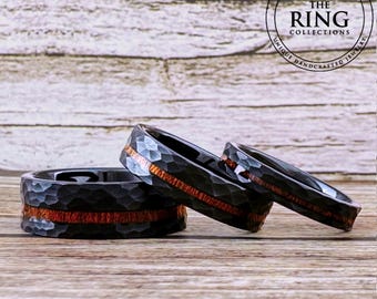 Black Hammered Tungsten Carbide Ring Wedding Band with Koa Wood for Men Women, Available in 4mm 6mm 8mm