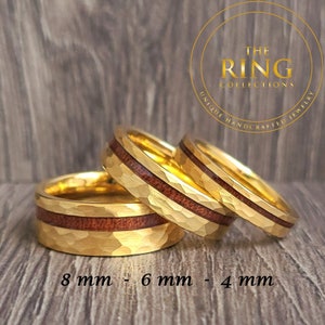 Gold Hammered Tungsten Ring for Men Women, Gold Tungsten Ring with Wood Inlay, Gold Wedding Band for Men Women, Gold Wood Ring Band for Men image 4