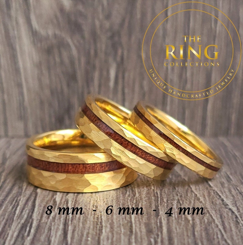 Gold Hammered Tungsten Ring for Men Women, Gold Tungsten Ring with Wood Inlay, Gold Wedding Band for Men Women, Gold Wood Ring Band for Men image 4