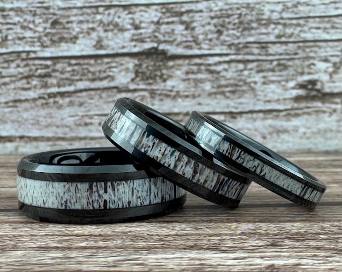 Black Tungsten Deer Antler Wedding Band Ring for Men Women, Black Ring for Men, Deer Antler Wedding Band Ring, Black Wedding Band Men Women