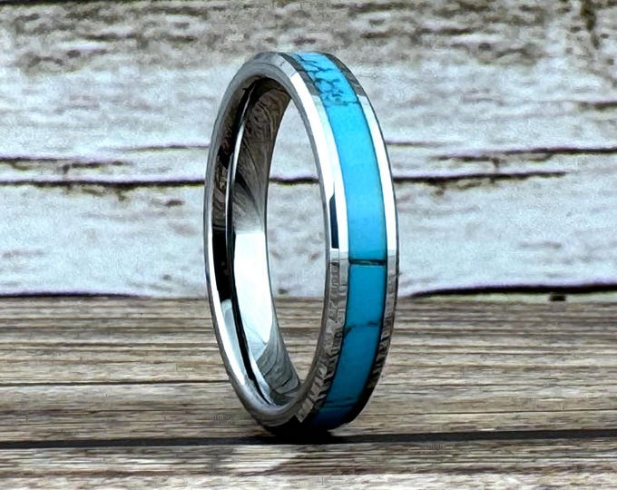 Silver Turquoise Tungsten Ring Wedding Band for Men Women, Silver Finish. Available in 4MM 6MM 8MM, Sizes 4 to 15 (half sizes available).