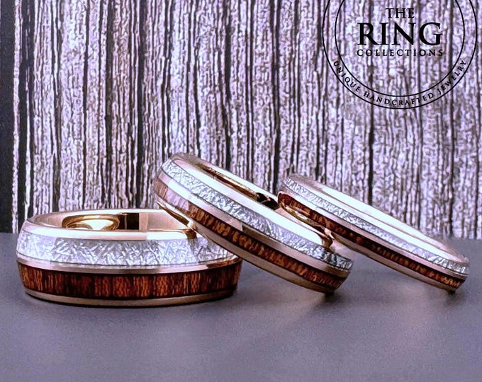 Rose Gold Tungsten Wedding Band Ring with Wood and Meteorite Inlay for Men Women, 4MM 6MM 8MM, Half Sizes Available, Domed, Comfort Fit