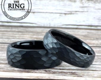 Black Hammered Tungsten Ring for Men Women, Black Obsidian Wedding Band Ring, Black Ring, Black Ring Band for Men, 8MM 6MM 4MM, Half Sizes