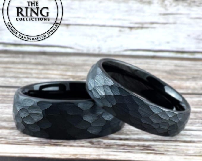 Black Hammered Tungsten Ring for Men Women, Black Obsidian Wedding Band Ring, Black Ring, Black Ring Band for Men, 8MM 6MM 4MM, Half Sizes