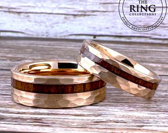 Rose Gold Hammered Wedding Band for Men Women, Tungsten Ring with Wood Inlay, 4MM, 6MM, 8MM, Tungsten Wedding Band Men Women, Wood Ring Band