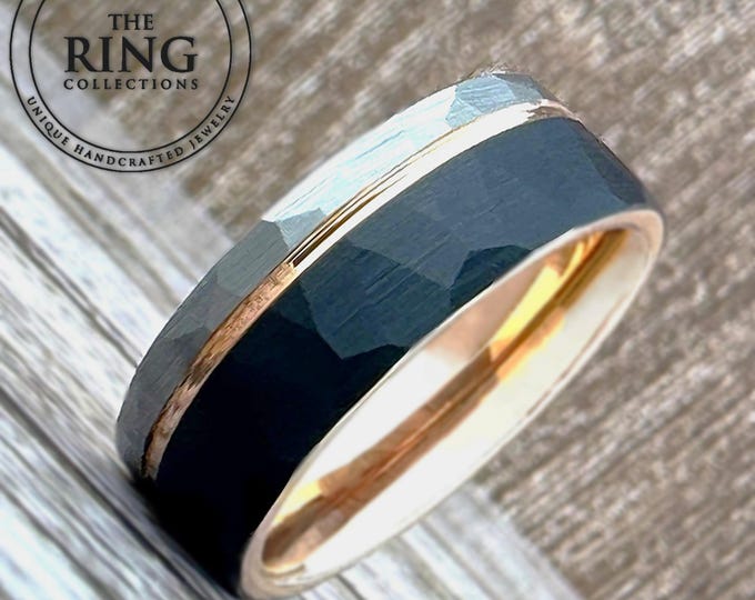 Hammered Black Silver and Rose Gold Tungsten Carbide Ring Wedding Band for Men Women, Available in 4mm 6mm 8mm and Half Sizes Available