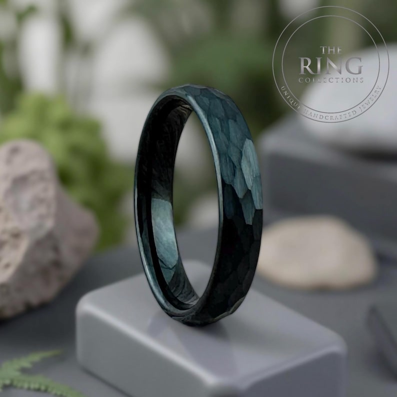 Black Hammered Tungsten Ring, Men Women Wedding Band Set, Comfort Fit image 4