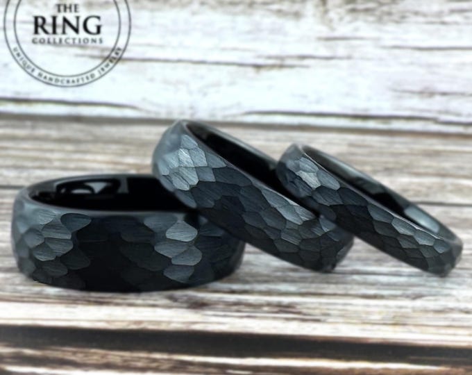Men Black Hammered Tungsten Wedding Band Women Black Obsidian Hammered Ring Domed Brushed Finish 8MM 6MM 4MM Anniversary Gift