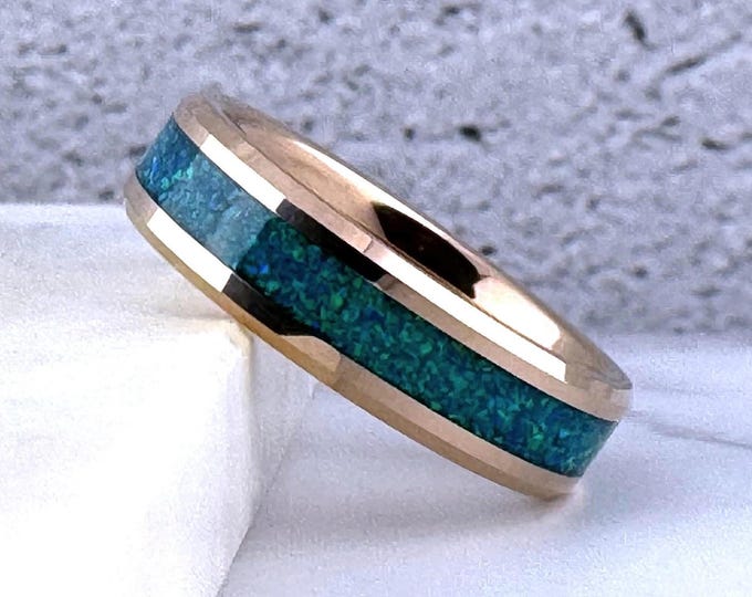 Rose Gold Tungsten Opal Ring Wedding Band, 6mm, Rose Gold Tungsten Wedding Band, Green Opal Ring Wedding Band for Men Women, Tungsten Opal