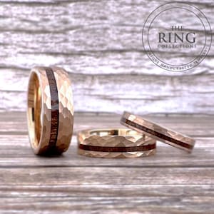 Hammered Rose Gold Wedding Band Men Women Tungsten Ring with Wood Inlay 4MM, 6MM, 8MM, Engagement Wedding Band His and Hers Ring Set