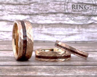Hammered Rose Gold Wedding Band Men Women Tungsten Ring with Wood Inlay 4MM, 6MM, 8MM, Engagement Wedding Band His and Hers Ring Set