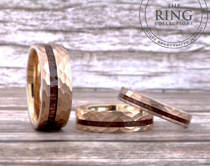 Hammered Rose Gold Wedding Band Men Women Tungsten Ring with Wood Inlay 4MM, 6MM, 8MM, Engagement Wedding Band His and Hers Ring Set