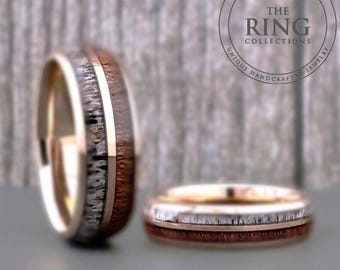 Rose Gold Tungsten Ring Wedding Band with Deer Antler and Koa Wood for Men and Women. Half Sizes available 5 to 15 in 6mm and 8mm.