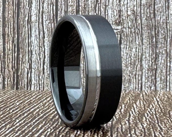 Black and Silver Tungsten Carbide Ring Wedding Band with Gray Groove for Men Women, Available in 6MM and 8MM. Half Sizes 4 to 15 available