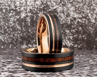 Rose Gold and Black Tungsten Ring for Men Women, Black Wedding Band with Wood Inlay and Rose Gold Groove, 6MM 8MM, Black Wood Ring Band Men