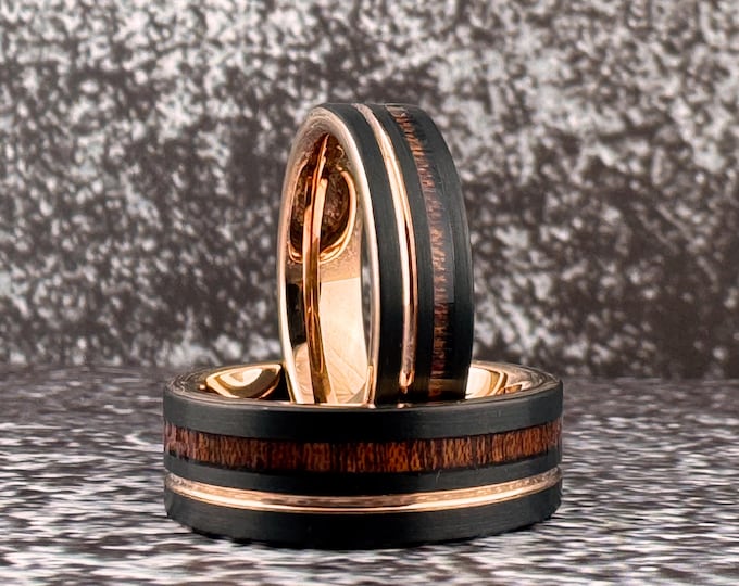 Rose Gold and Black Tungsten Ring for Men Women, Black Wedding Band with Wood Inlay and Rose Gold Groove, 6MM 8MM, Black Wood Ring Band Men