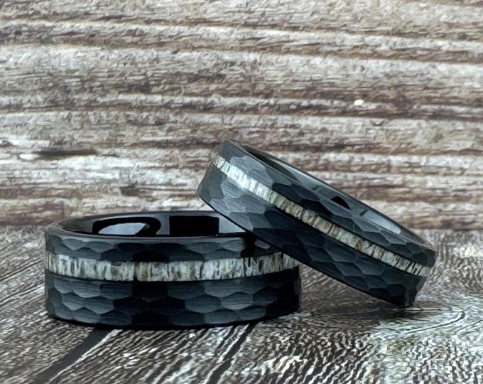 Black Tungsten Hammered Ring, 6MM 8MM, Wedding Band, Black Hammered Ring for Men, Deer Antler Tungsten Ring, Comfort Fit, Wedding Band Men