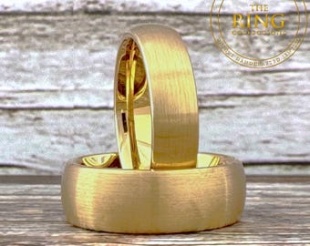 Gold Wedding Band Men Women Tungsten Ring Band Domed Brushed Gold Finish His and Hers Anniversary Gift 4mm 6mm 8mm
