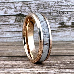 Rose Gold Tungsten Wedding Band Ring with Deer Antler Inlay for Men Women, 6MM, 8MM, Deer Antler Tungsten Ring Band, Rose Gold, Deer Antler