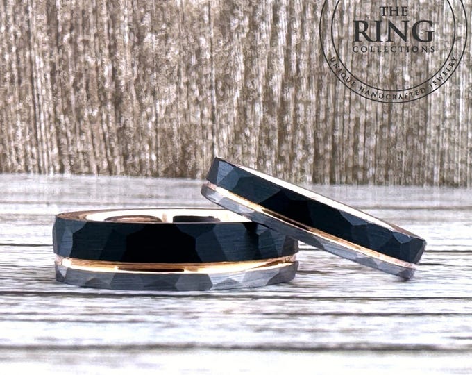 Hammered Black, Silver and Rose Gold Tungsten Carbide Ring Wedding Band for Men Women, Available in 4mm 6mm 8mm and Half Sizes 4 to 15