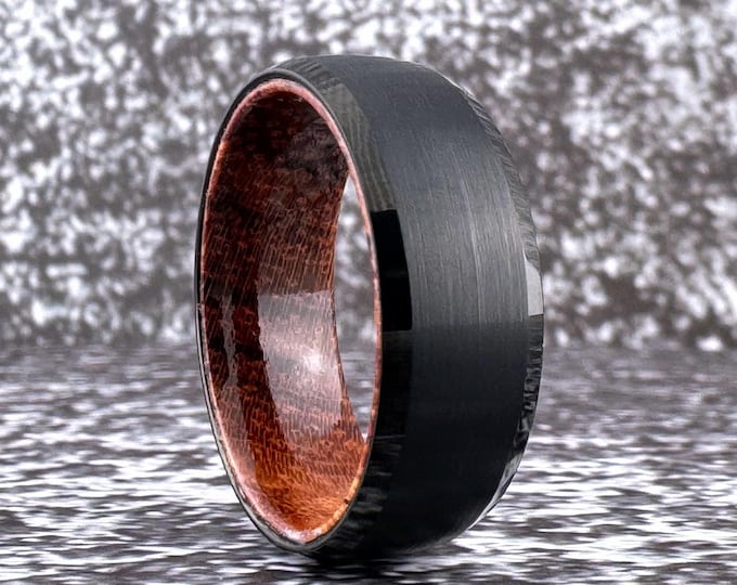 Black Tungsten and Wood Inside Ring Band for Men or Women, Black Brushed Tungsten and Rosewood Wedding Band for Him or Her, Christmas Gift