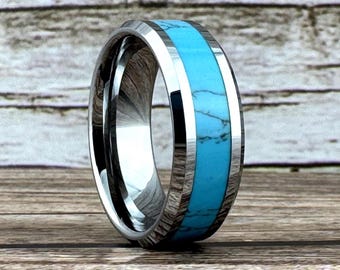 Silver Turquoise Tungsten Ring Wedding Band for Men Women, Silver Finish. Available in 4MM 6MM 8MM, Sizes 4 to 15 (half sizes available).