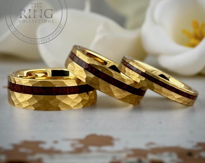 Gold Hammered Tungsten Ring for Men Women, Gold Tungsten Ring with Koa Wood, Gold Wedding Band Men Women, Gold Koa Wood Ring, Anniversary