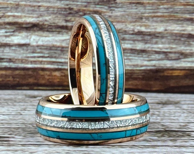Rose Gold Turquoise and Meteorite Tungsten Ring Wedding Band for Men Woman. 8mm and/or 6mm in Sizes 5 to 15, half sizes available