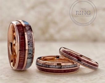 Rose Gold Tungsten Ring Wedding Band with Deer Antler and Koa Wood for Men and Women. Half Sizes available 4 to 15 in 4mm 6mm 8mm.