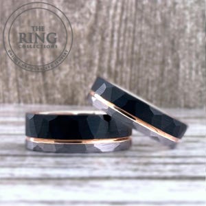 Black Silver and Rose Gold Hammered Tungsten Wedding Band for Men Women, Black Obsidian Hammered Ring Wedding Band, Rose Gold Tungsten Ring