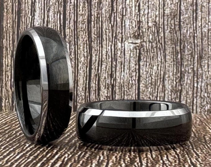 Black Tungsten Wedding Band Ring for Men Women, Polished Finish and Gray Silver Beveled Edges, Available in 6mm 8mm, Sizes 5 to 15.