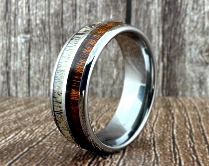 8mm Silver Gray Deer Antler and Koa Wood Ring Wedding Band for Men Woman, Sizes 5 to 15 with half sizes available.