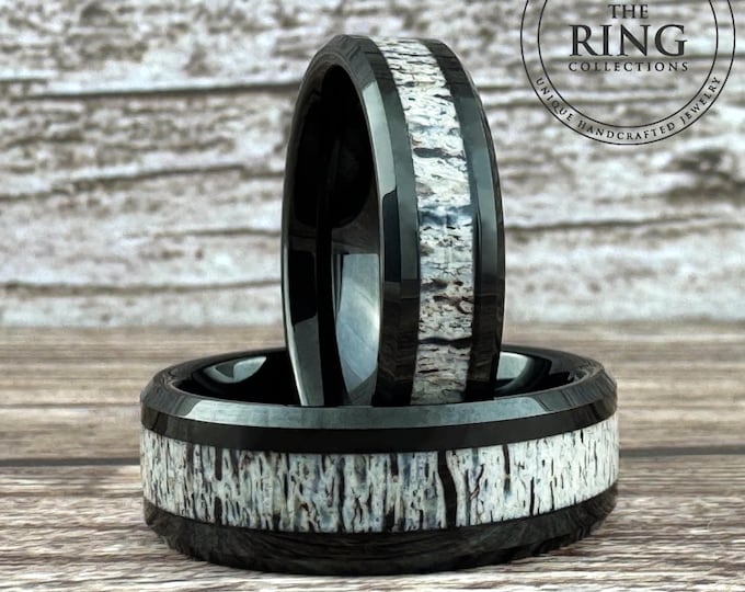 Black Tungsten Deer Antler Wedding Band - Comfort Fit